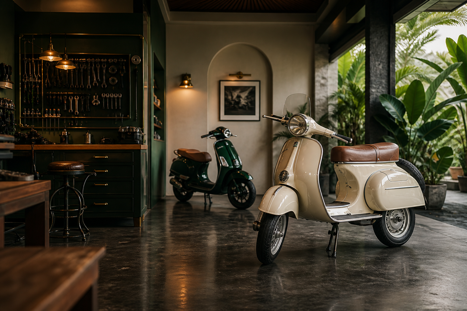 Editorial concept of a luxurious Vespa specialist workshop with two classic Italian scooters